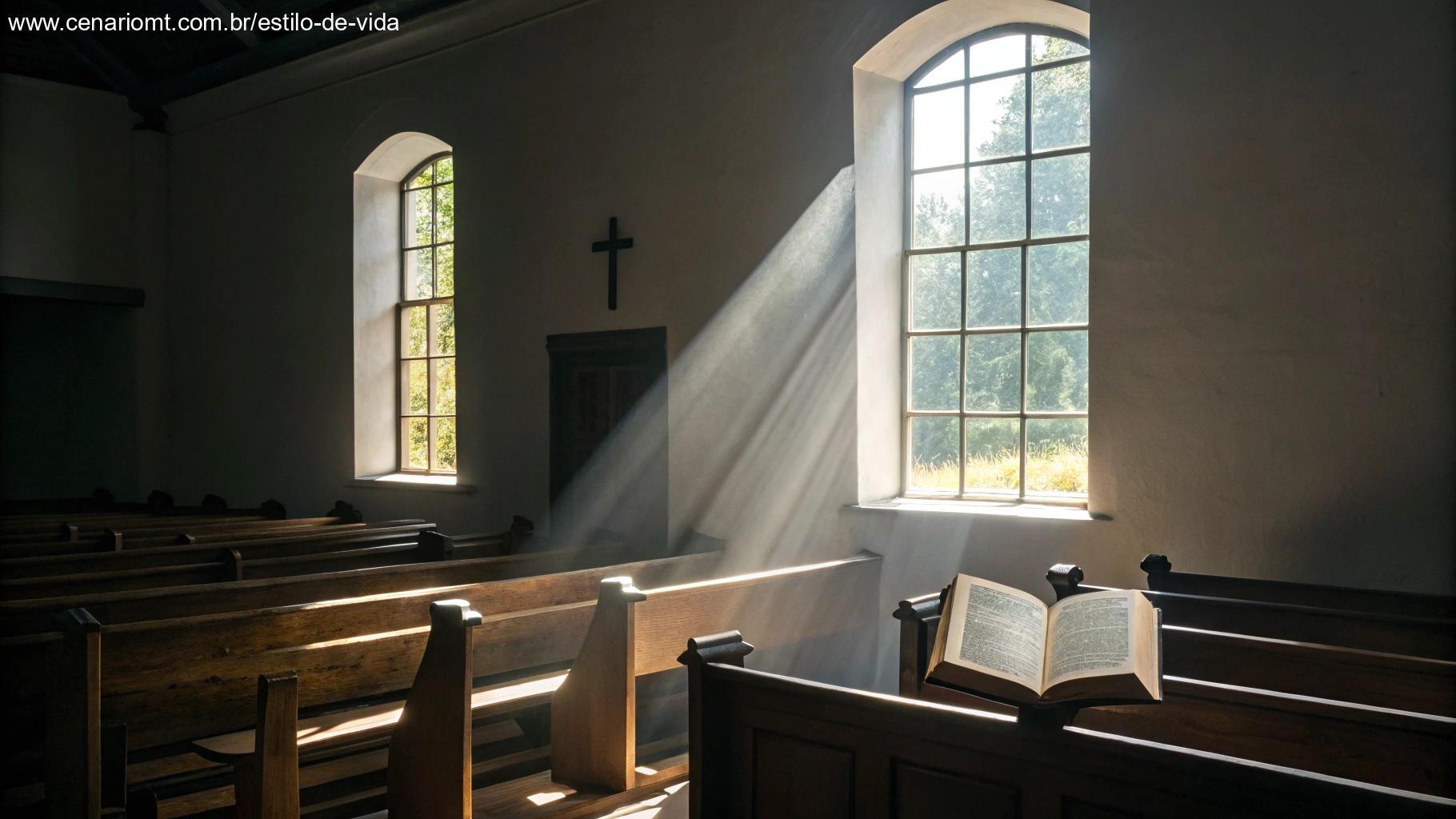 Interior silencioso de uma capela com banco e um raio de sol iluminando um livro de orações