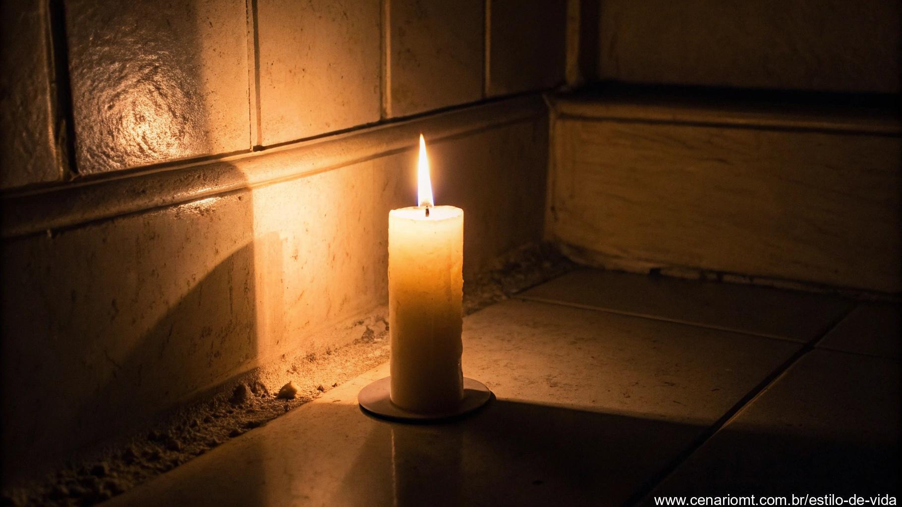 Uma única vela queimando intensamente em um quarto escuro