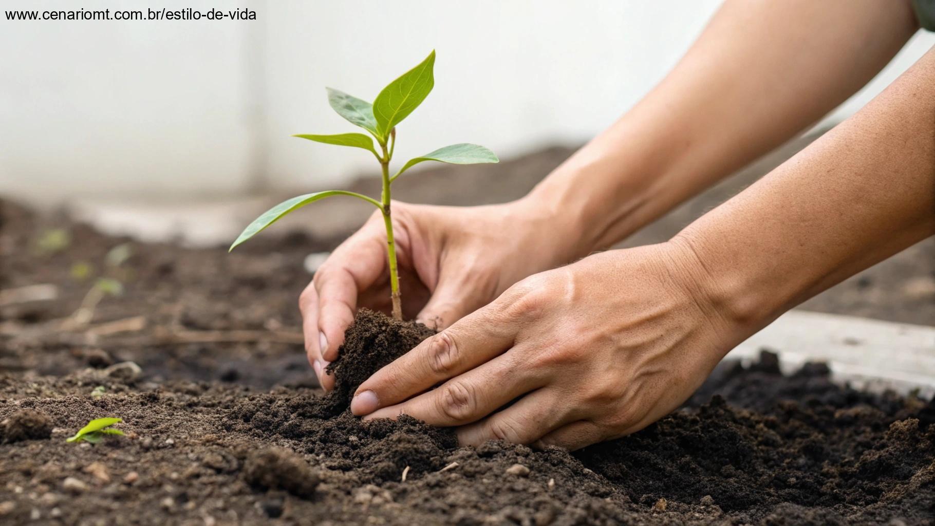 Mãos plantando uma muda jovem em solo fértil