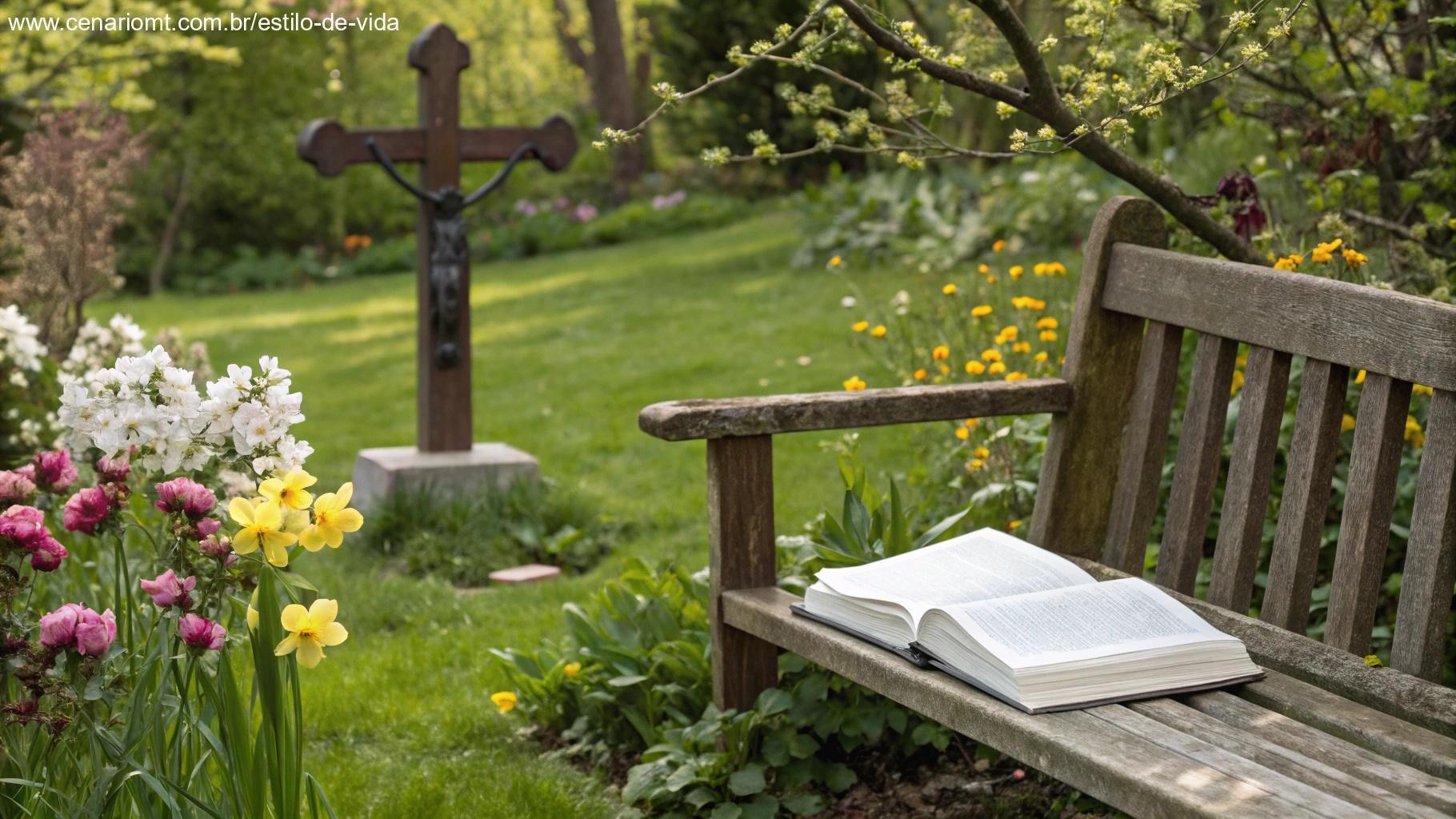 Jardim tranquilo com banco, flores e um caderno com um crucifixo por perto