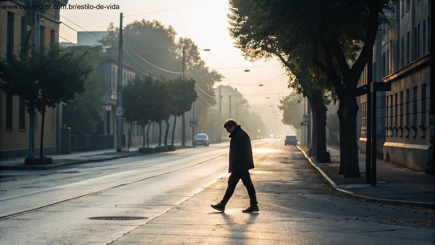 Pessoa caminhando pensativa por uma rua ao amanhecer