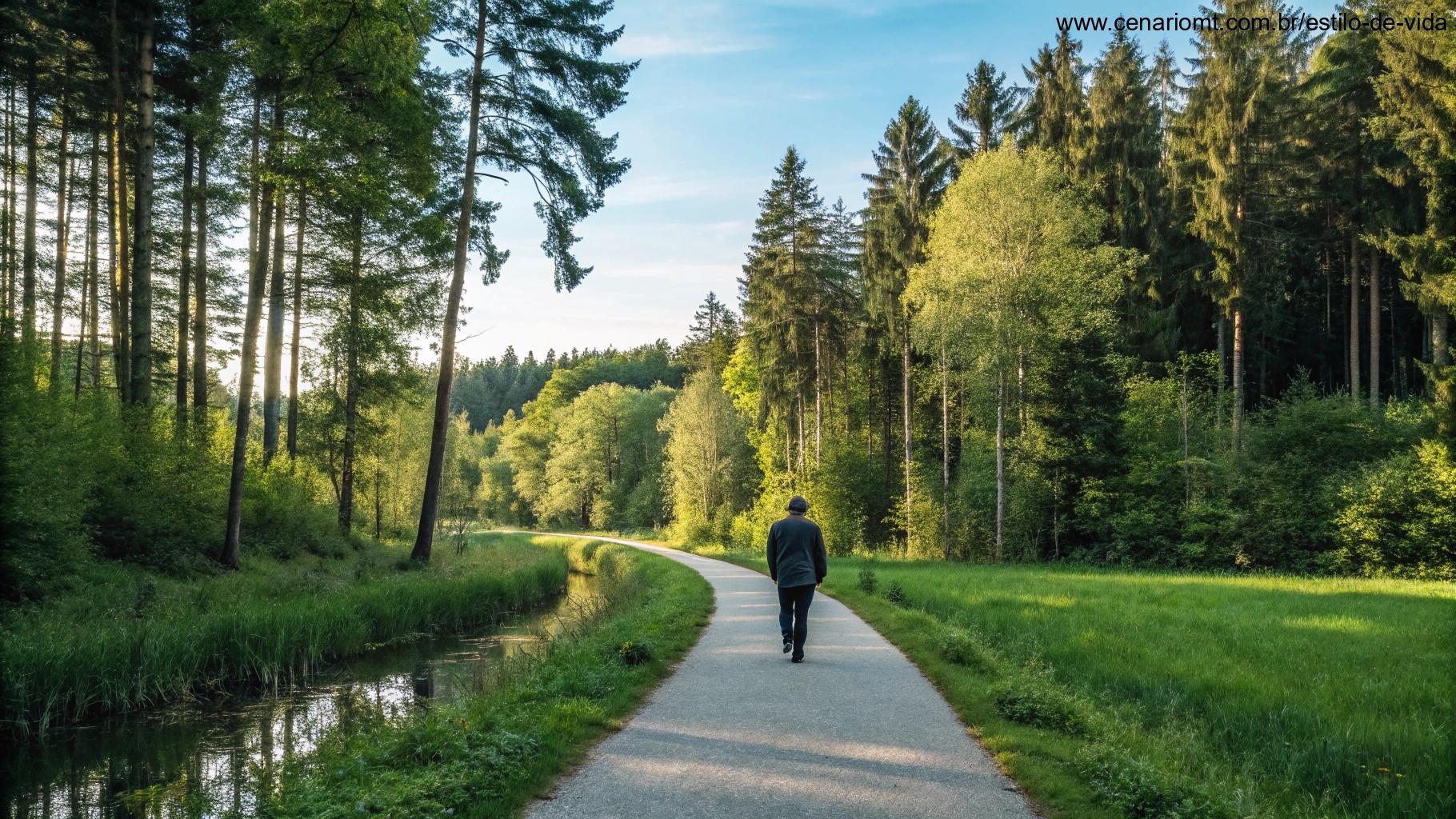 Pessoa caminhando por um caminho tranquilo na natureza, rodeada de vegetação exuberante e ambiente pacífico, representando a aplicação do Salmo no cotidiano.