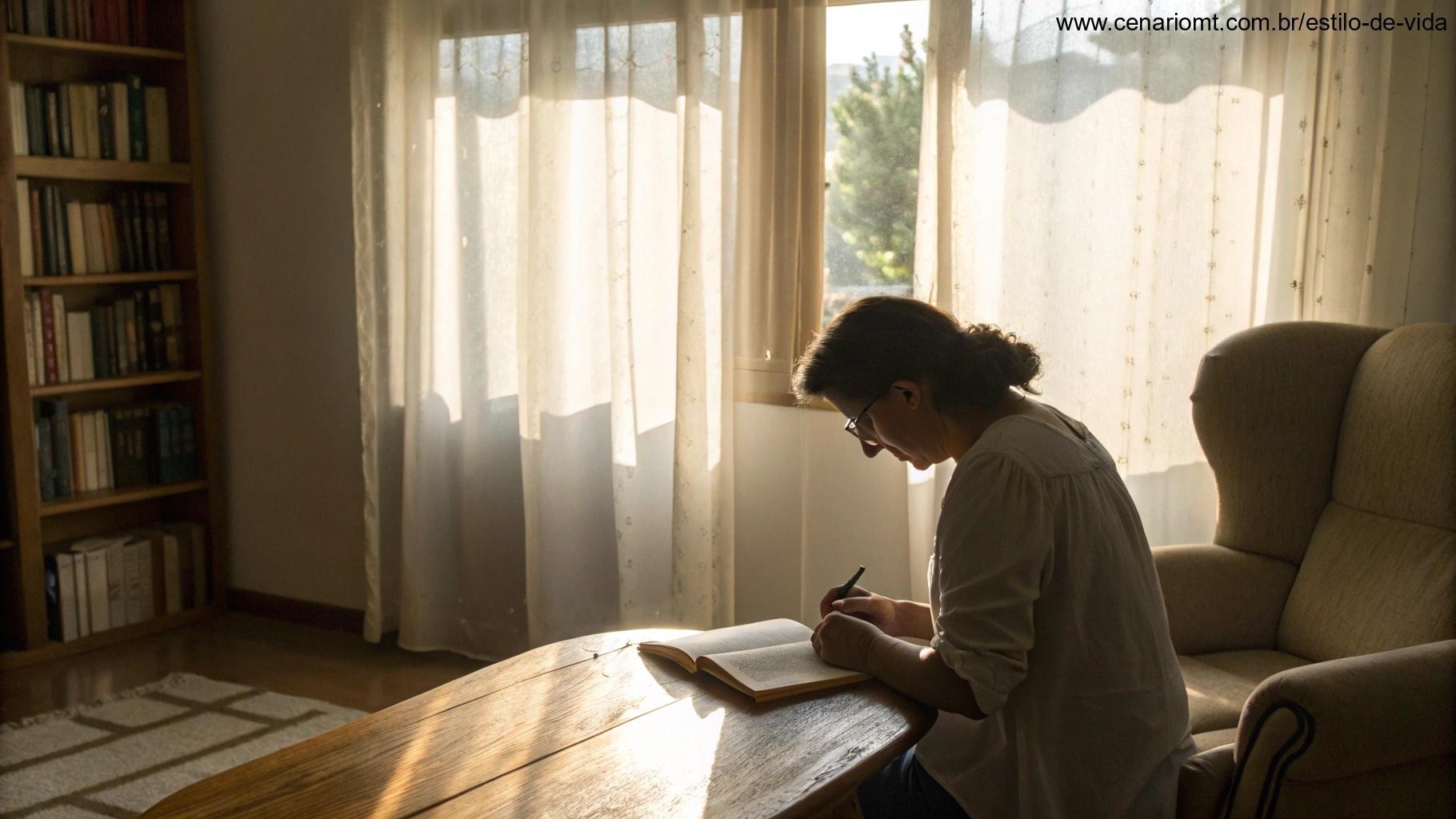 Pessoa escrevendo em diário com a Bíblia aberta sobre a mesa, sob luz suave