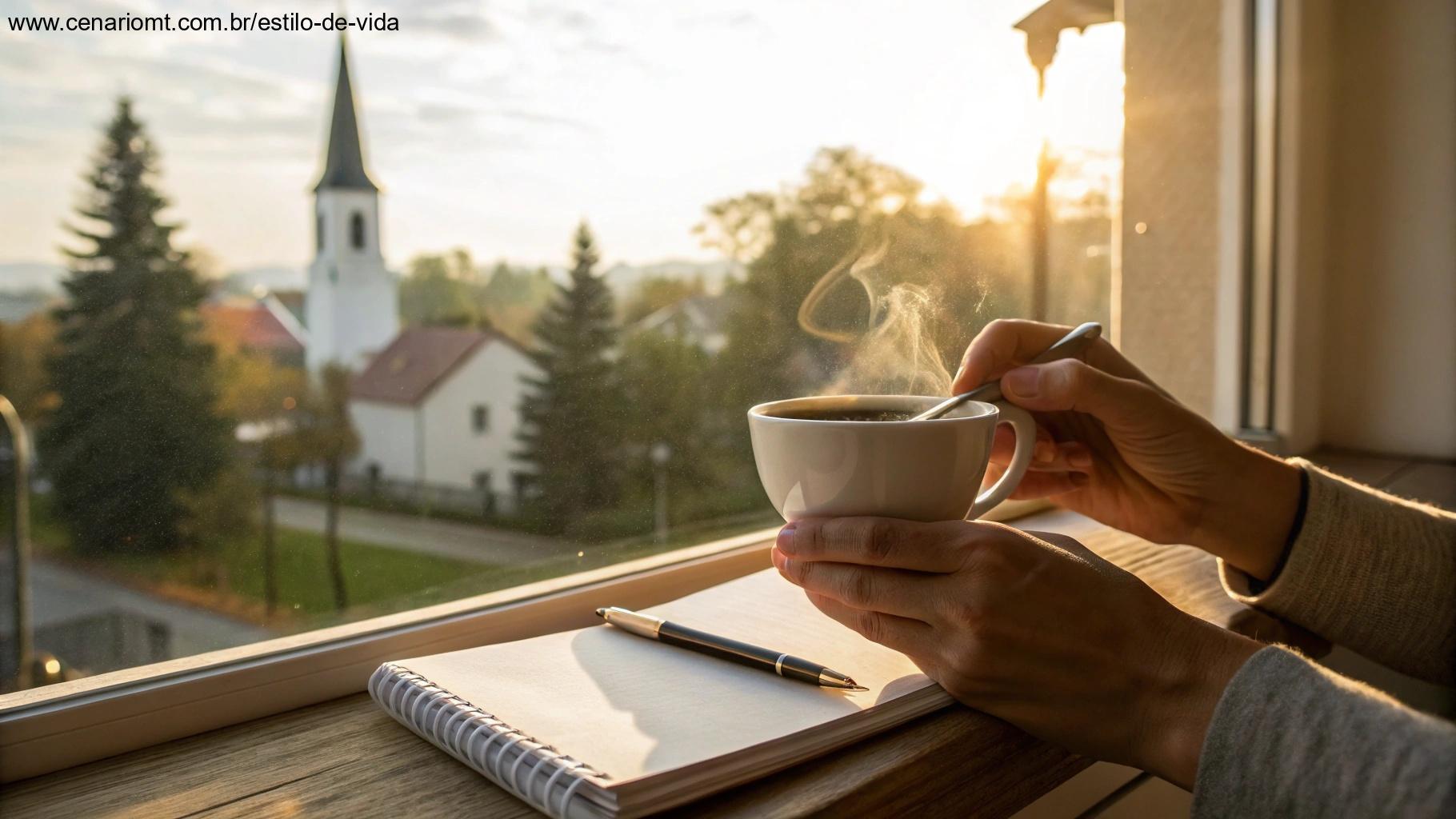 Mãos de uma pessoa segurando uma xícara de café com vapor subindo, um caderno com caneta e ao fundo uma janela ensolarada mostrando uma cena tranquila de vizinhança com uma torre de igreja ao longe