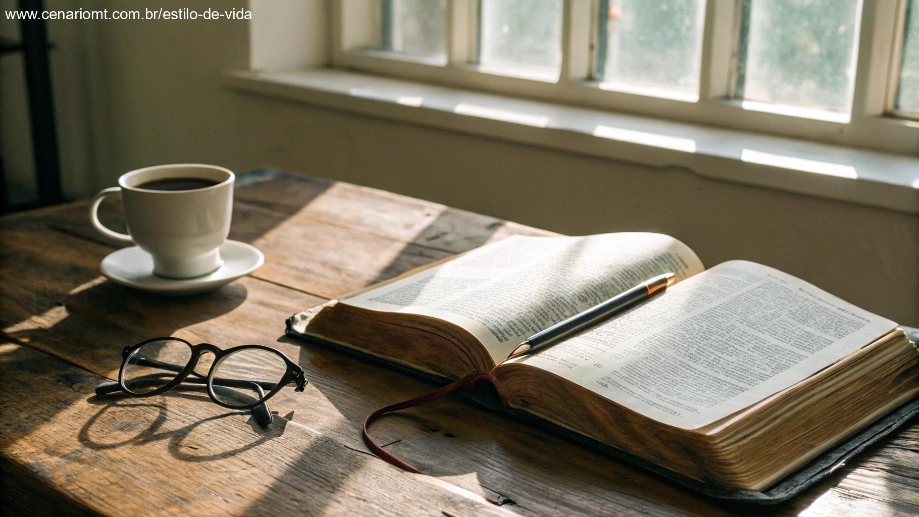 Bíblia em couro desgastado aberta sobre mesa de madeira com xícara de café, óculos de leitura e caderno, luz matinal entrando pela janela