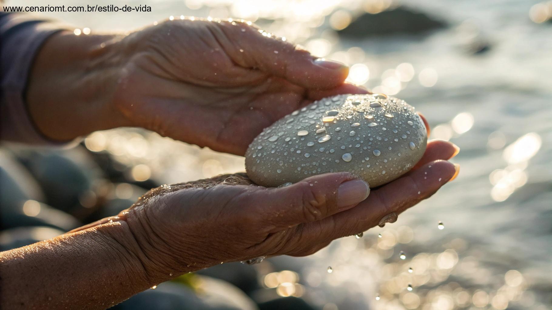 Mãos marcadas pelo tempo segurando uma pedra lisa de margem de rio, com gotas de água brilhando na luz da manhã