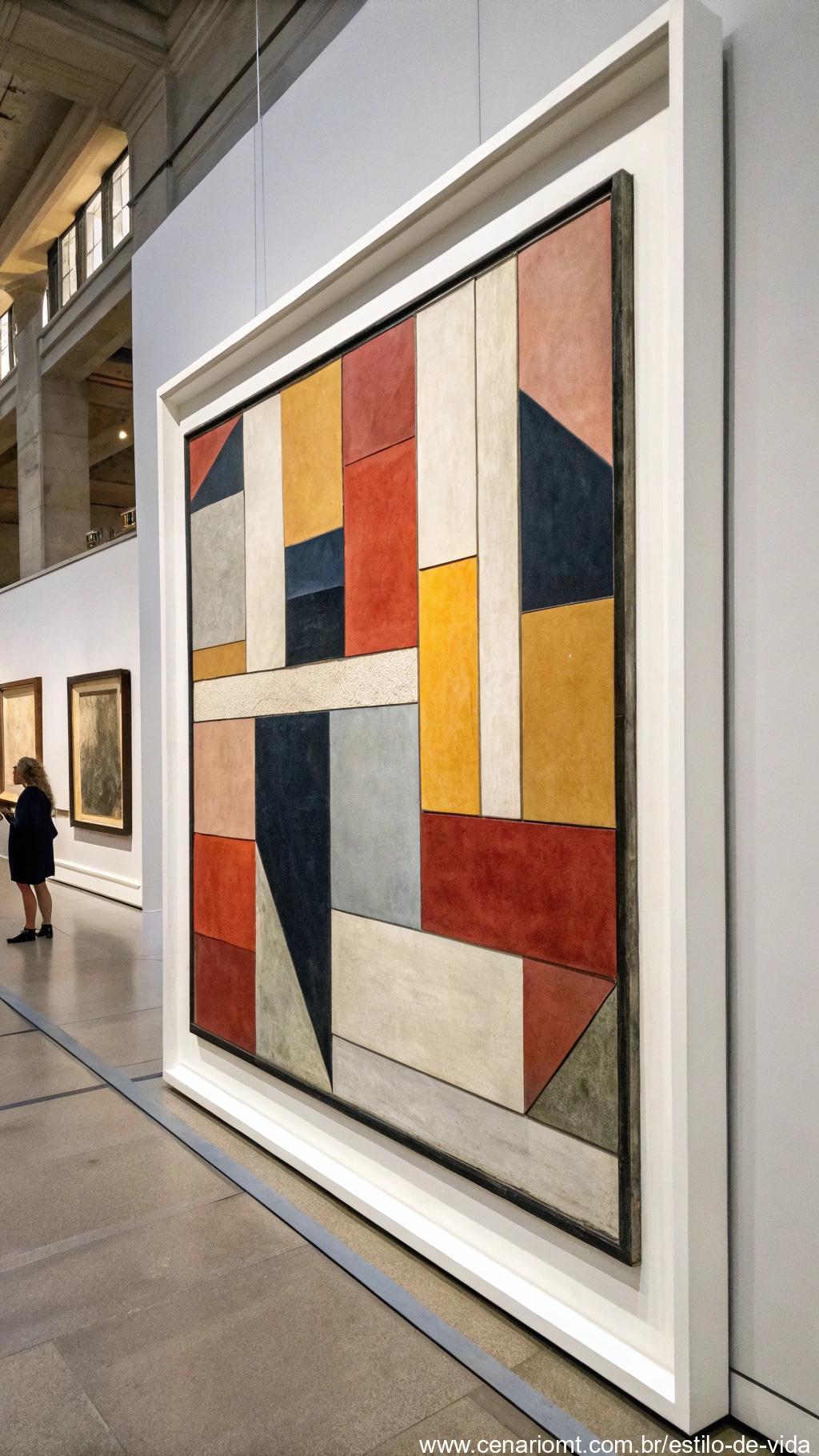 Pintura abstrata com formas marcantes em cores suaves