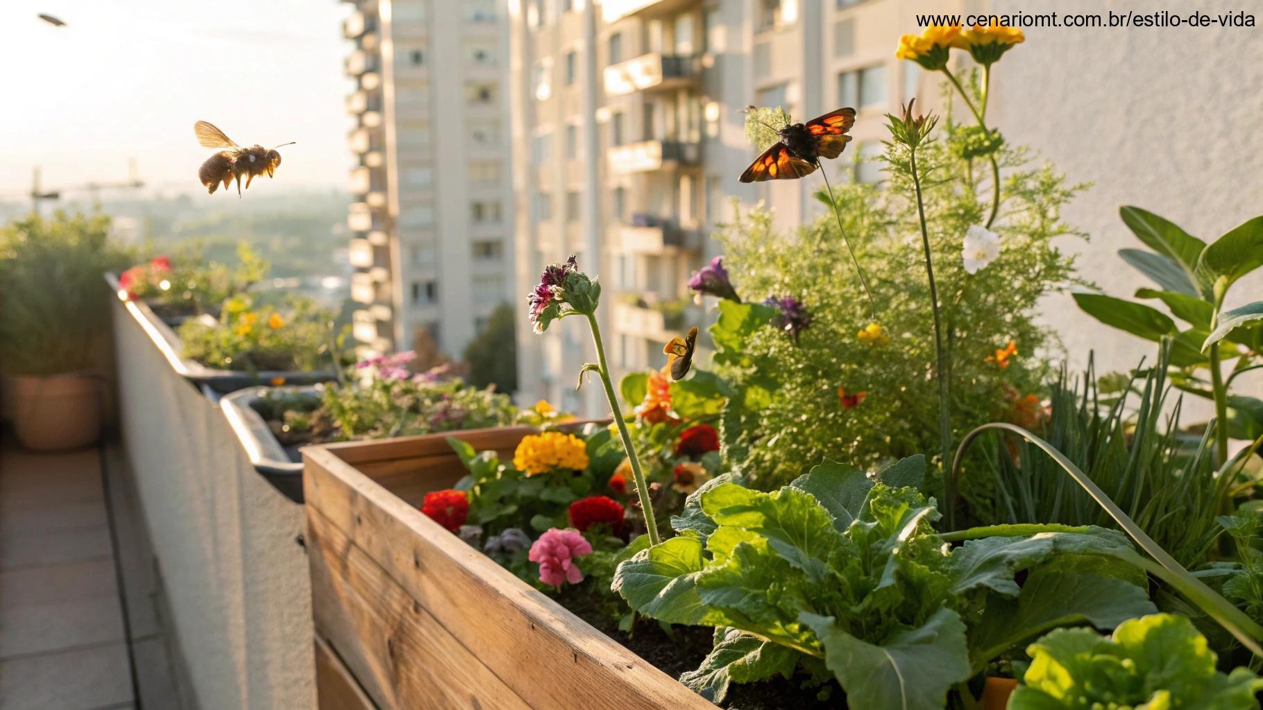 Polinizadores visitando flores em uma horta de apartamento