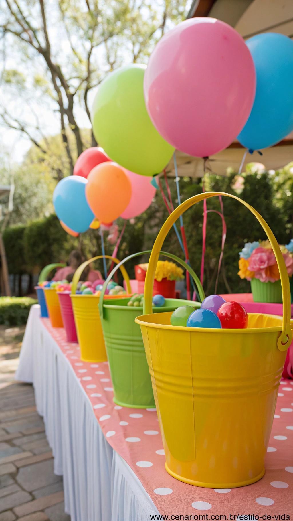 Baldes decorativos usados em decoração de festa ao ar livre