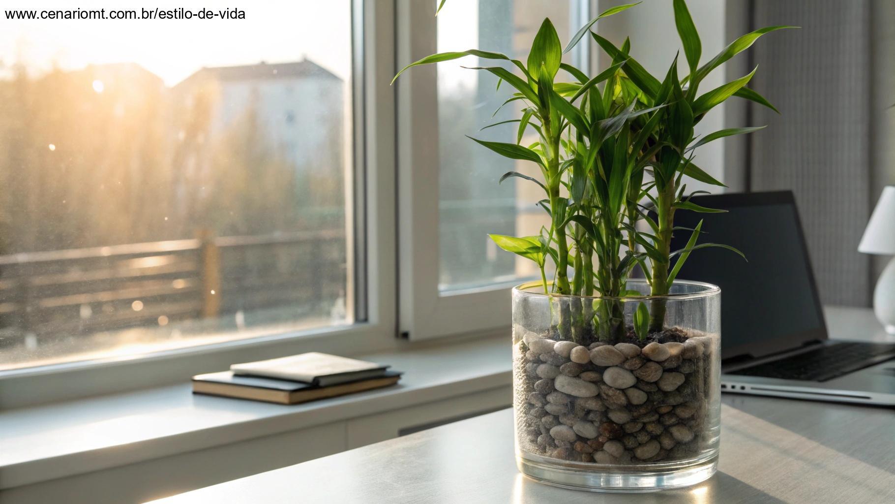 Bambu-da-Sorte em vaso de vidro sobre mesa