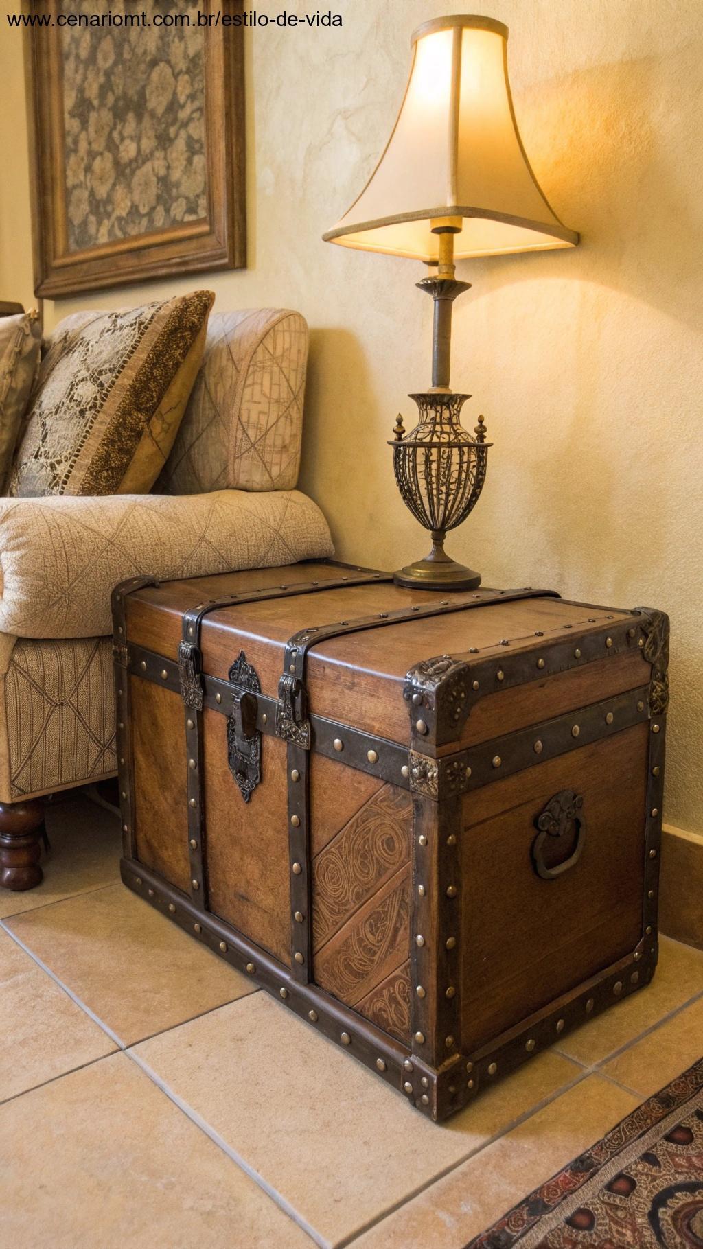 Baú decorativo em madeira com detalhes em metal