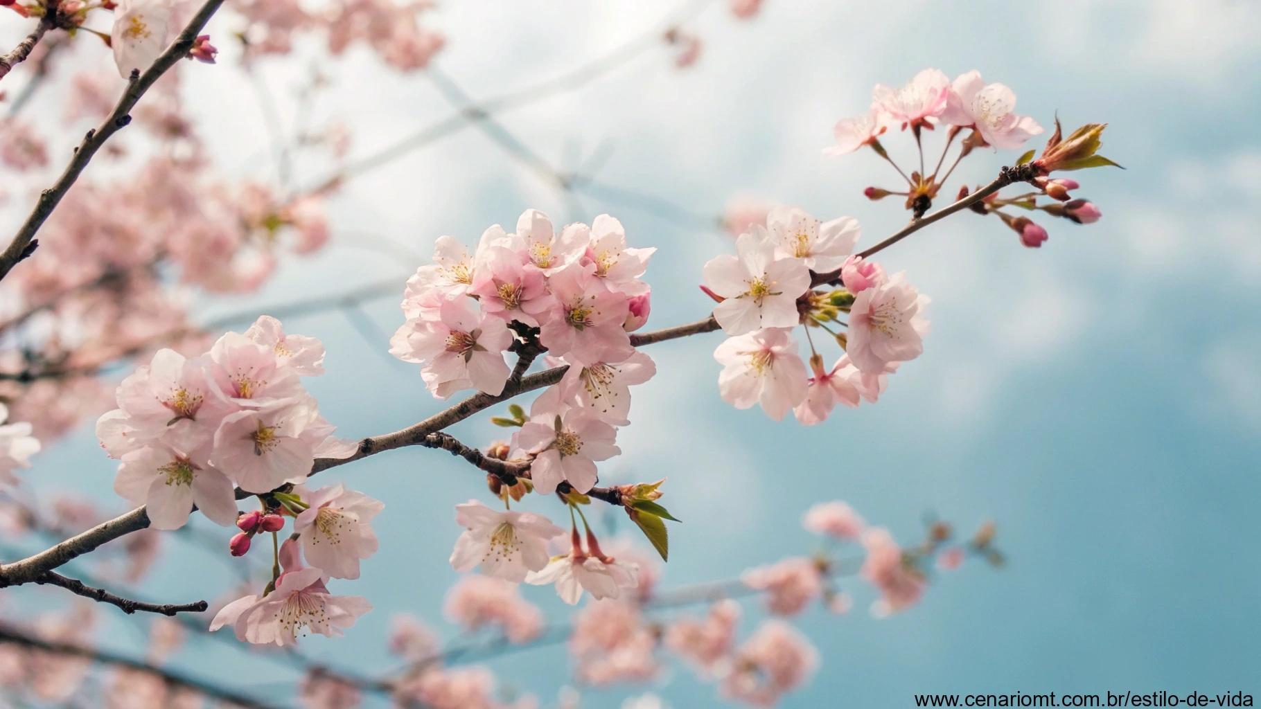 Flores frescas de primavera em um galho de árvore com flores rosas suaves contra um céu azul pastel