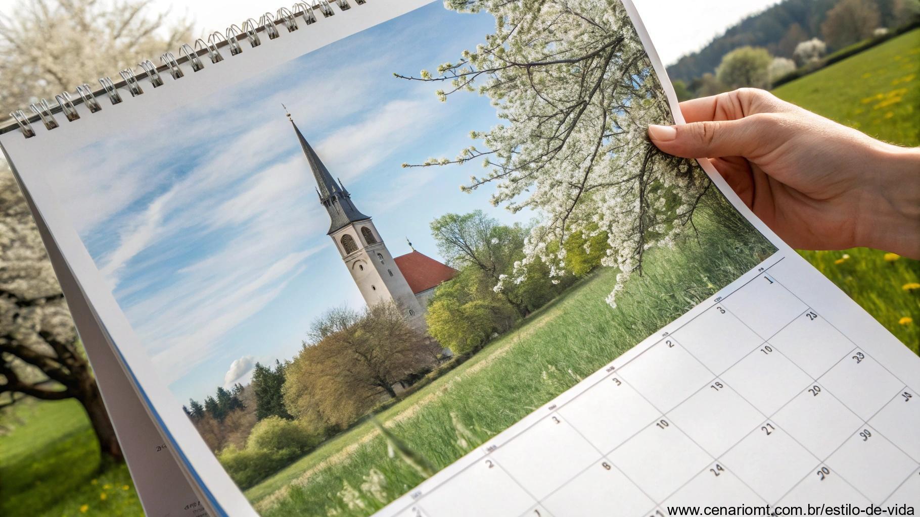 Calendário mostrando abril com sua página sendo virada por uma mão invisível, revelando uma torre de igreja contra uma paisagem primaveril