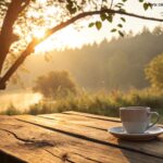 Cenário de domingo tranquilo com sol dourado e xícara de café