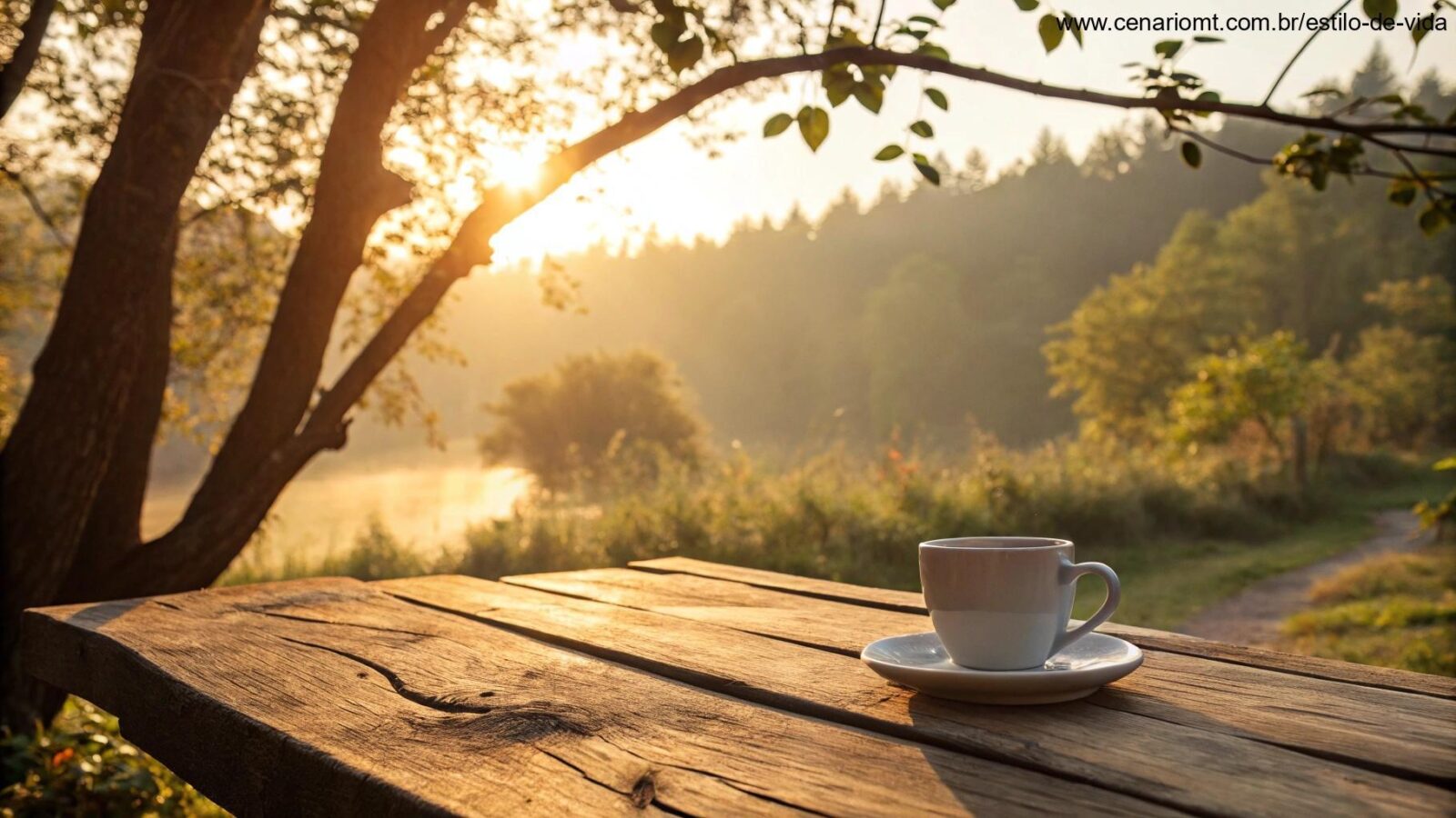 Cenário de domingo tranquilo com sol dourado e xícara de café