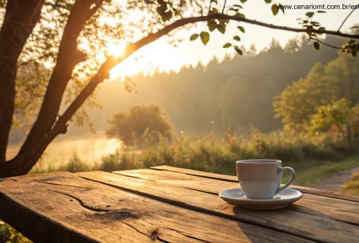 Cenário de domingo tranquilo com sol dourado e xícara de café