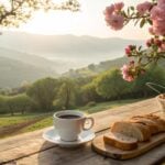 Cenário tranquilo de domingo com café da manhã acolhedor, flores e luz suave