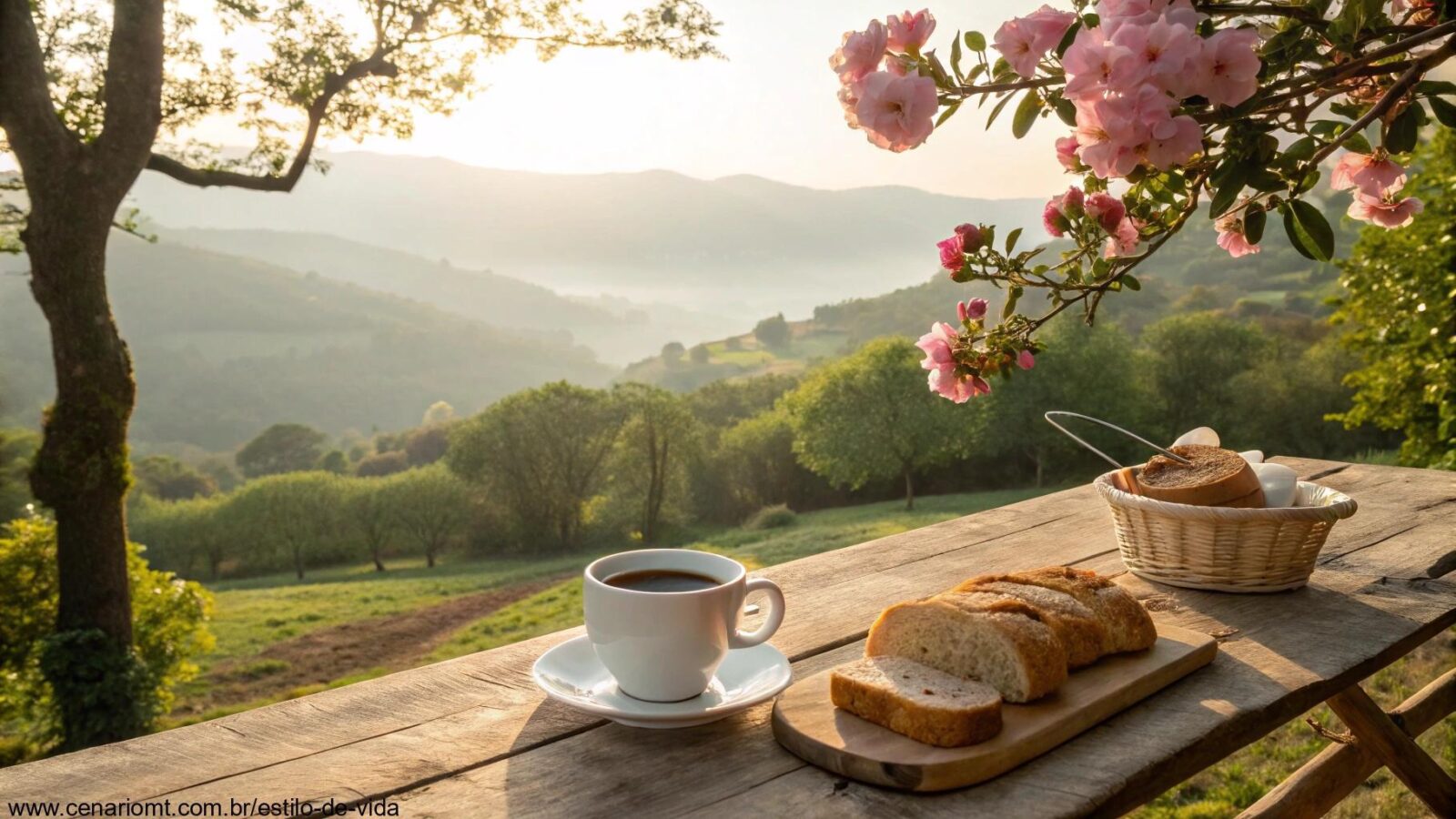 Cenário tranquilo de domingo com café da manhã acolhedor, flores e luz suave