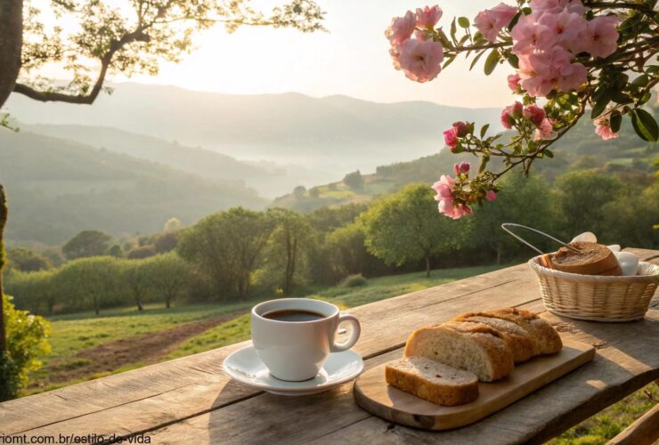 Cenário tranquilo de domingo com café da manhã acolhedor, flores e luz suave