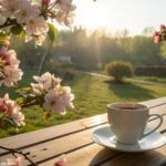 Imagem de um domingo ensolarado com flores e café para uma mensagem especial de bom dia