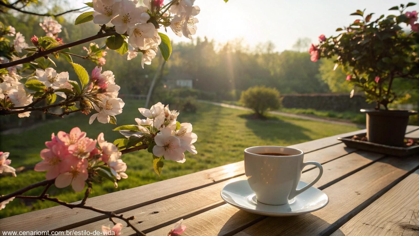 Imagem de um domingo ensolarado com flores e café para uma mensagem especial de bom dia