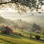 Paisagem serena de manhã de Domingo de Páscoa com luz suave e flores desabrochando
