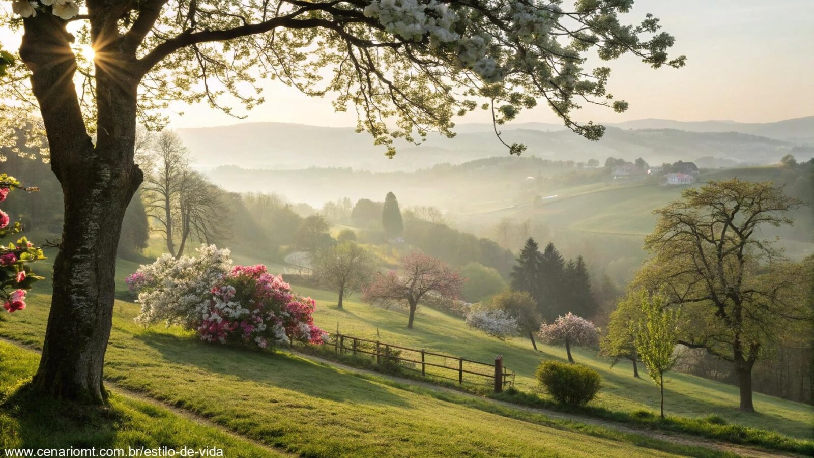 Paisagem serena de manhã de Domingo de Páscoa com luz suave e flores desabrochando