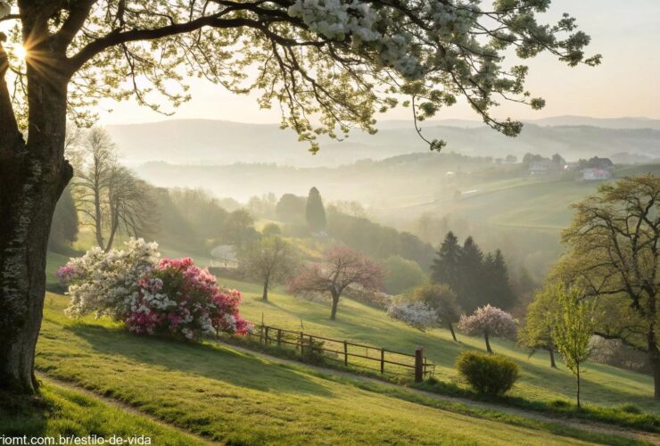 Paisagem serena de manhã de Domingo de Páscoa com luz suave e flores desabrochando