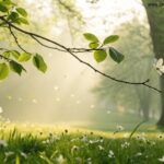 Cena tranquila de uma manhã de primavera com luz solar suave e folhas verdes