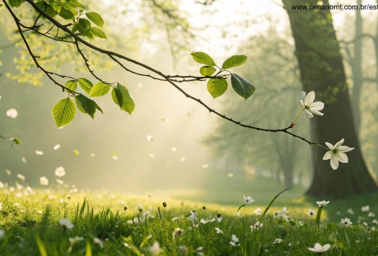 Cena tranquila de uma manhã de primavera com luz solar suave e folhas verdes
