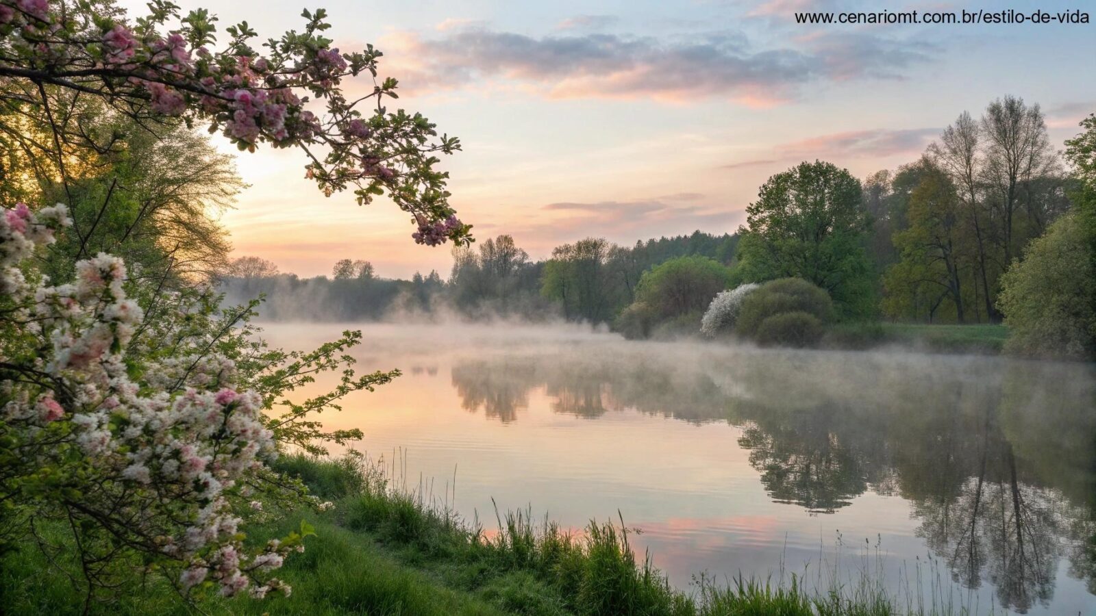 Nascer do sol sereno sobre um lago calmo com névoa suave, cercado por árvores verdes e flores da primavera