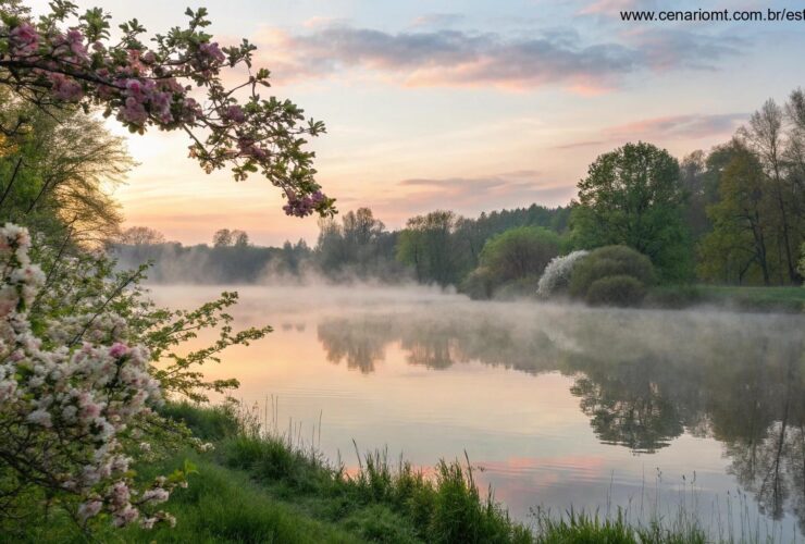Nascer do sol sereno sobre um lago calmo com névoa suave, cercado por árvores verdes e flores da primavera