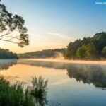 Nascer do sol sereno sobre um lago calmo com névoa subindo, cercado por árvores verdes exuberantes e um céu azul limpo