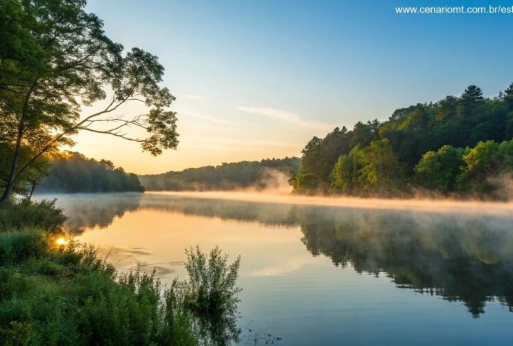 Nascer do sol sereno sobre um lago calmo com névoa subindo, cercado por árvores verdes exuberantes e um céu azul limpo