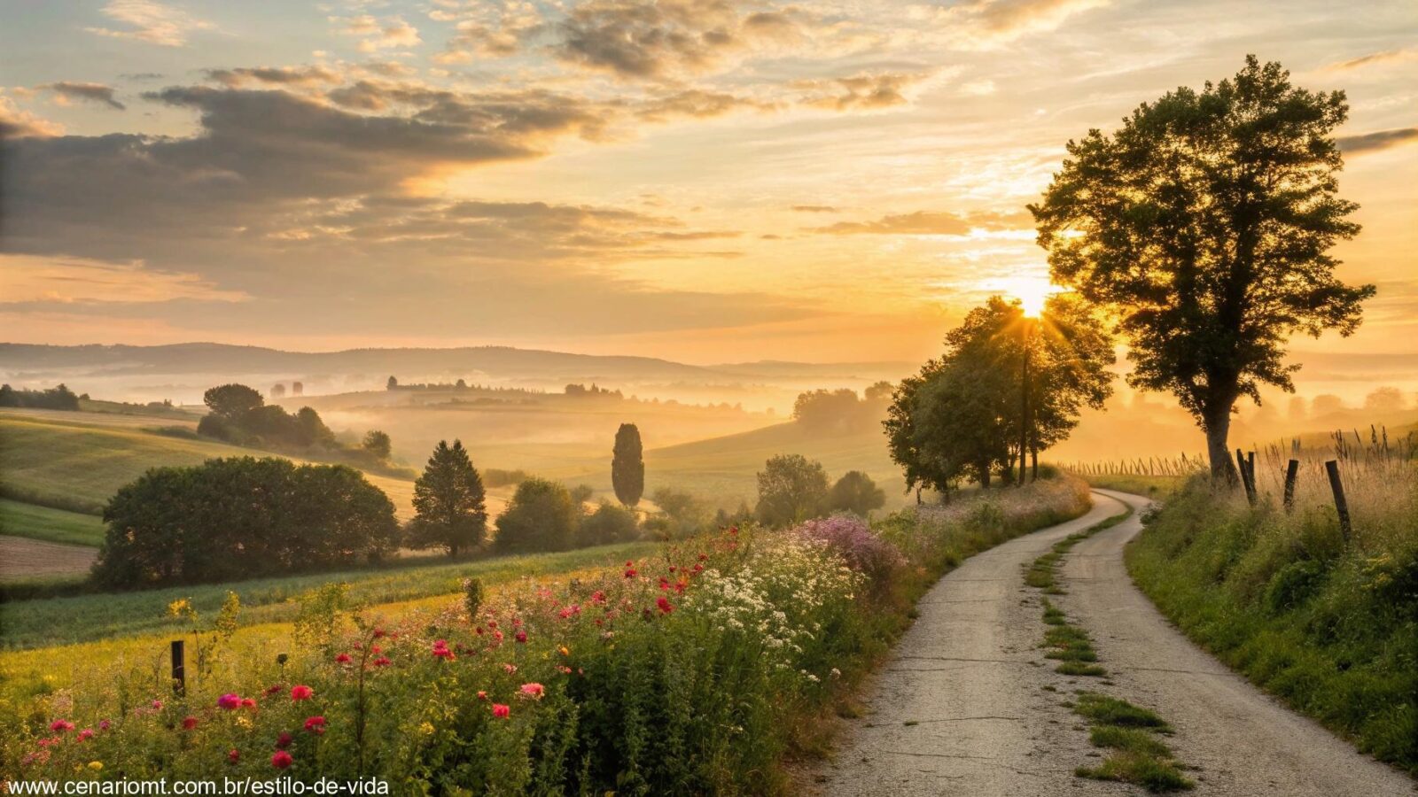 Amanhecer tranquilo em uma paisagem campestre serena, representando paz e motivação para começar a quarta-feira
