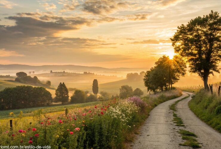 Amanhecer tranquilo em uma paisagem campestre serena, representando paz e motivação para começar a quarta-feira