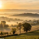 Amanhecer sereno com luz dourada em uma paisagem rural, representando fé e gratidão nesta quarta-feira