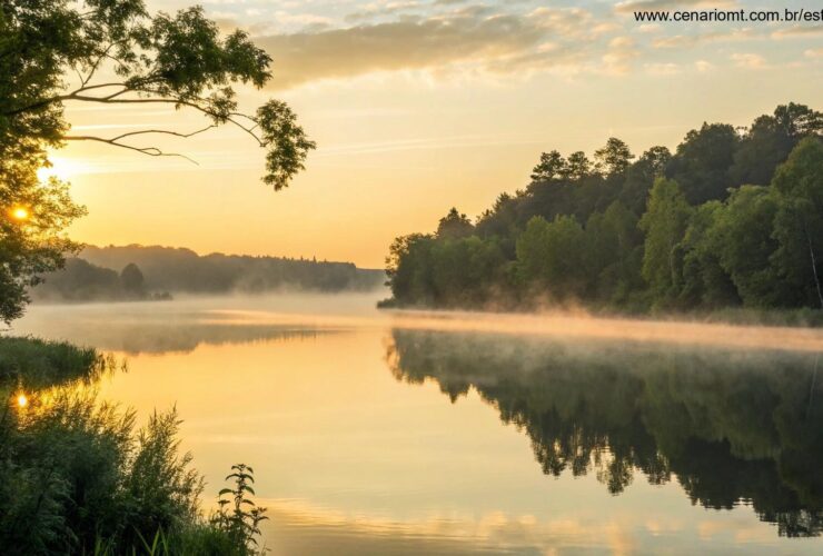Nascer do sol tranquilo sobre um lago calmo com névoa subindo suavemente, cercado por árvores verdes e uma luz dourada suave se espalhando pelo horizonte
