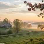 Imagem de uma paisagem tranquila de manhã com flores e céu sereno, simbolizando fé e esperança