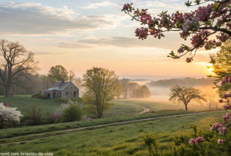 Imagem de uma paisagem tranquila de manhã com flores e céu sereno, simbolizando fé e esperança