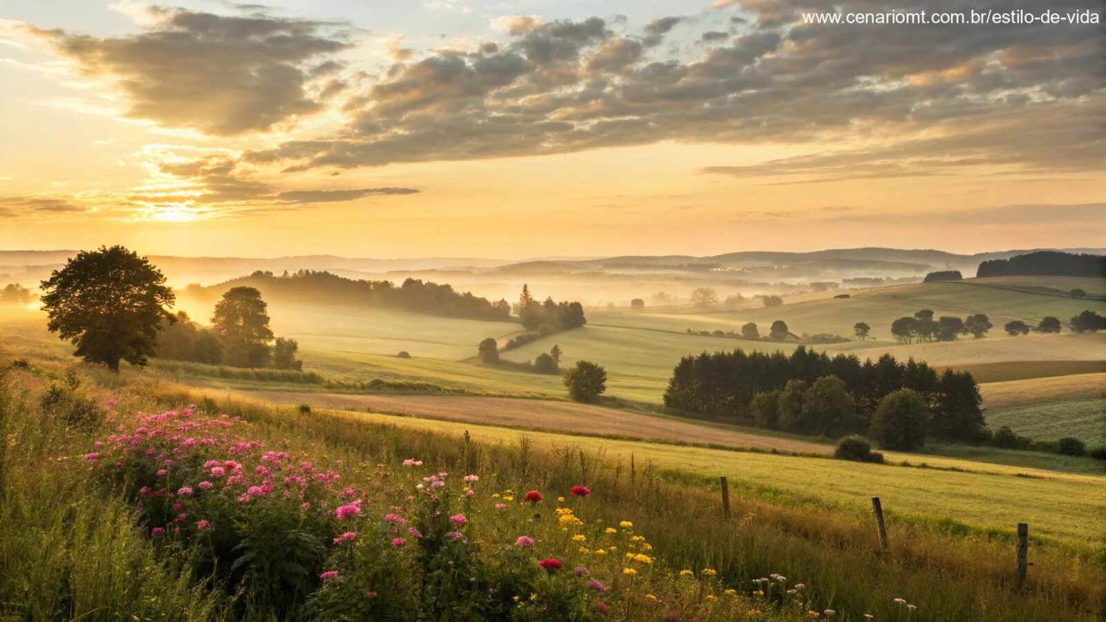 Amanhecer tranquilo em uma paisagem rural simbolizando esperança e paz no coração