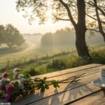 Cenário de manhã de sábado com luz suave, café e natureza transmitindo carinho e fé