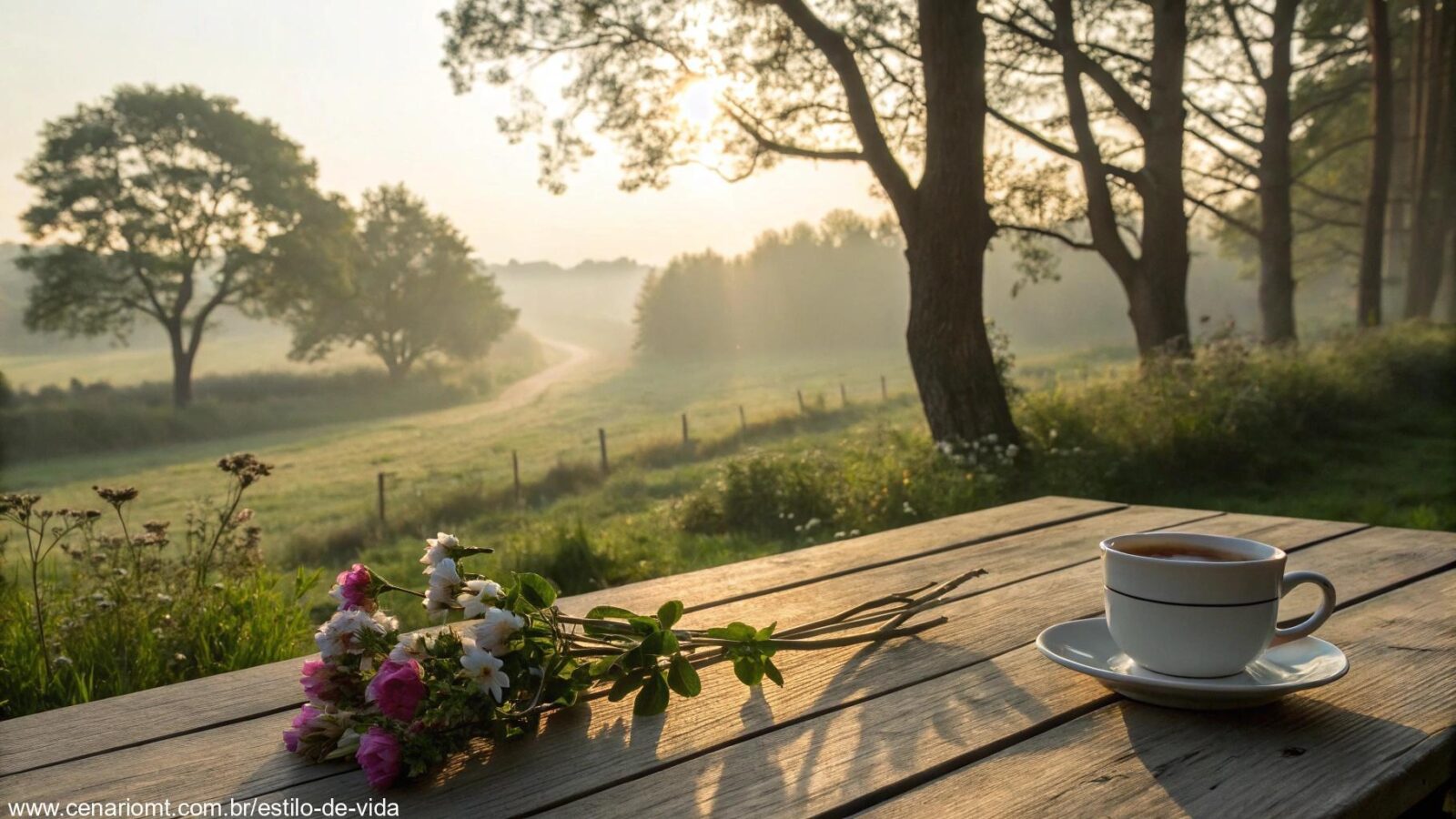 Cenário de manhã de sábado com luz suave, café e natureza transmitindo carinho e fé