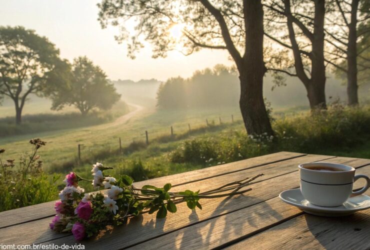 Cenário de manhã de sábado com luz suave, café e natureza transmitindo carinho e fé