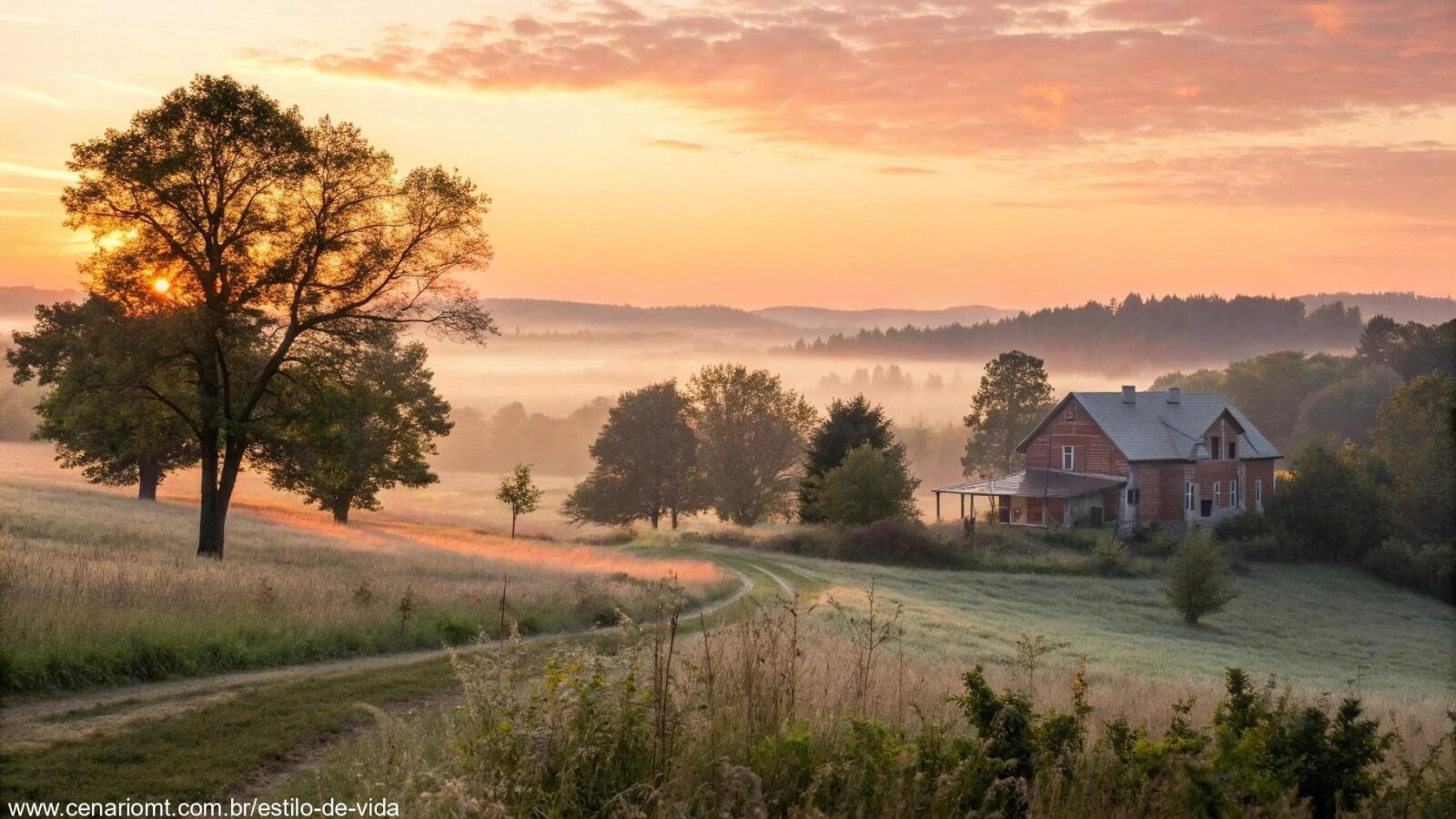Paisagem tranquila ao amanhecer em um sábado, com luz suave e clima de fé