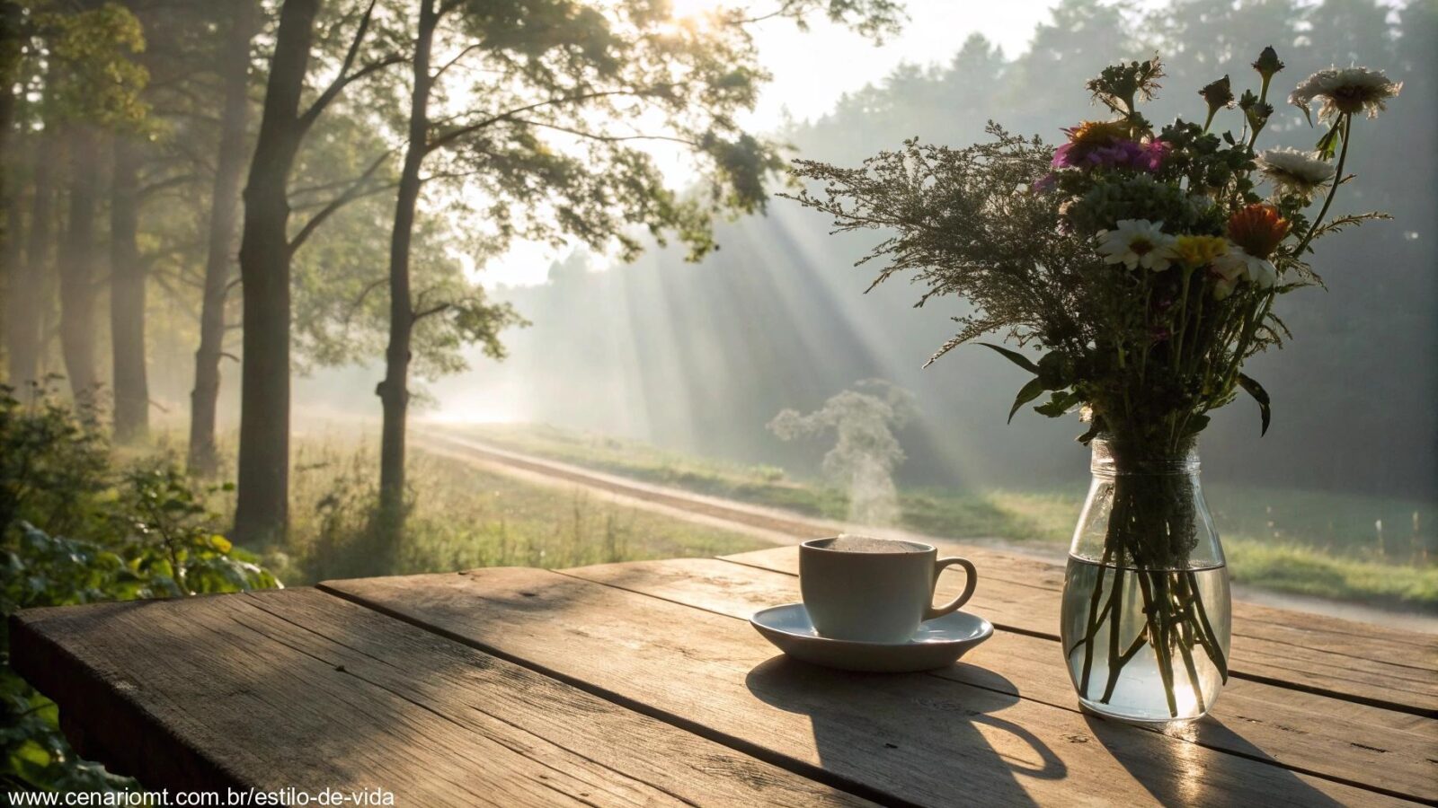 Cena tranquila de manhã com sol suave, xícara de café e flores simbolizando fé e inspiração para a segunda-feira