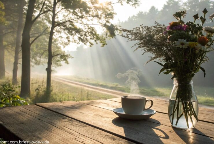 Cena tranquila de manhã com sol suave, xícara de café e flores simbolizando fé e inspiração para a segunda-feira