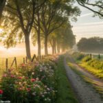 Imagem de um amanhecer sereno com flores frescas e caminho no campo para inspirar sua jornada na segunda-feira