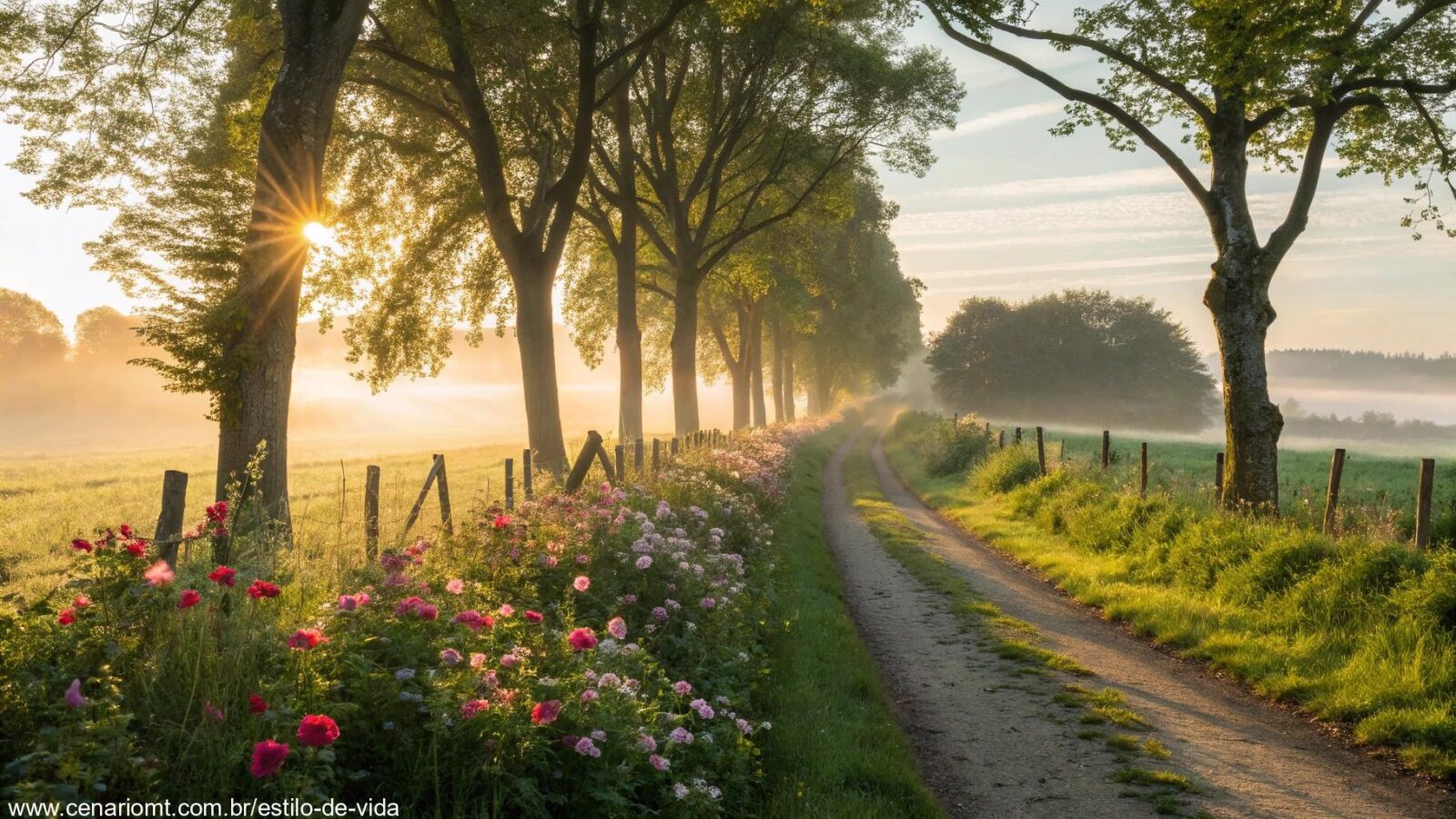 Imagem de um amanhecer sereno com flores frescas e caminho no campo para inspirar sua jornada na segunda-feira