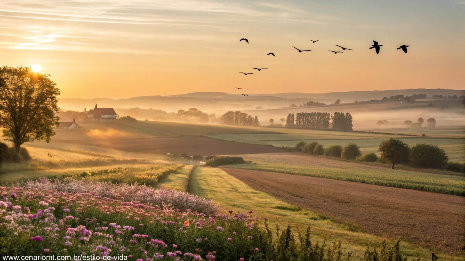 Imagem de uma manhã de sexta-feira com paisagem campestre iluminada pelo sol e flores desabrochando